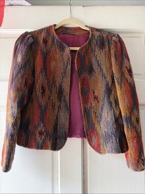 Vintage Textured Multicolor Patterned Cropped Jacket - Rust, Plum, Gold